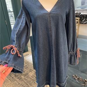 Sugarlips Blue Denim-Dress Bell Sleeve Braided tie Frayed Hem Women XS Runs Big